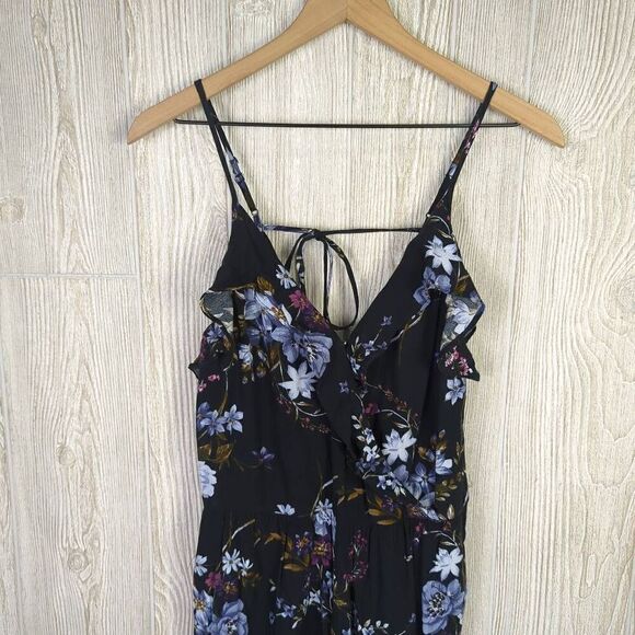 American Eagle Outfitters Women Small Long Faux Wrap Floral Print Jumpsuit Black - Picture 4 of 8
